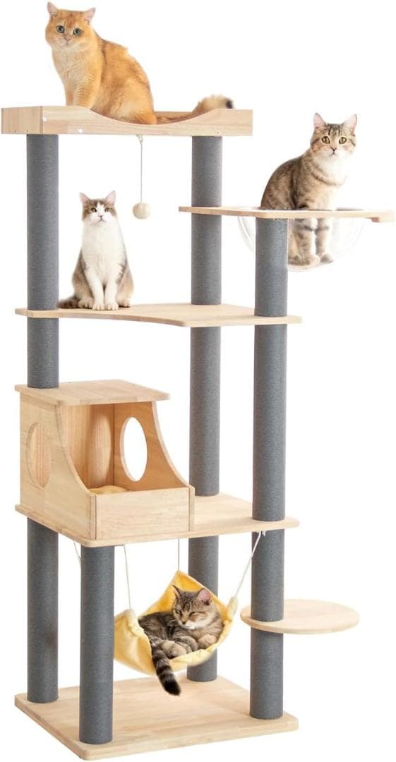 キャットタワー 据え置き型 162cm 天然木 グレー 宇宙船 ハンモック付き