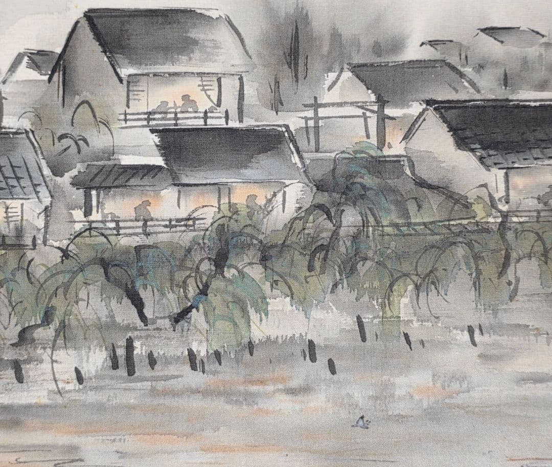 【京都大文字送り火夜景図】佐野光穂 1017 掛け軸 肉筆 鴨川