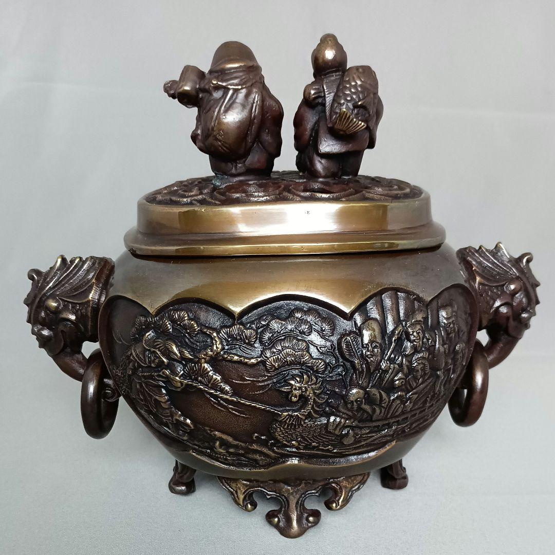 未使用 高岡銅器 七福神 銅製 耳付 香炉