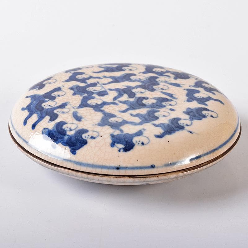 中国　大清康煕年製款　青花　唐子文　香合　時代箱付　G　R8252