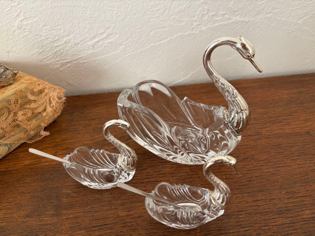 白鳥　スワン　3個セット　調味料入れ　クリスタルガラス　ビンテージ
