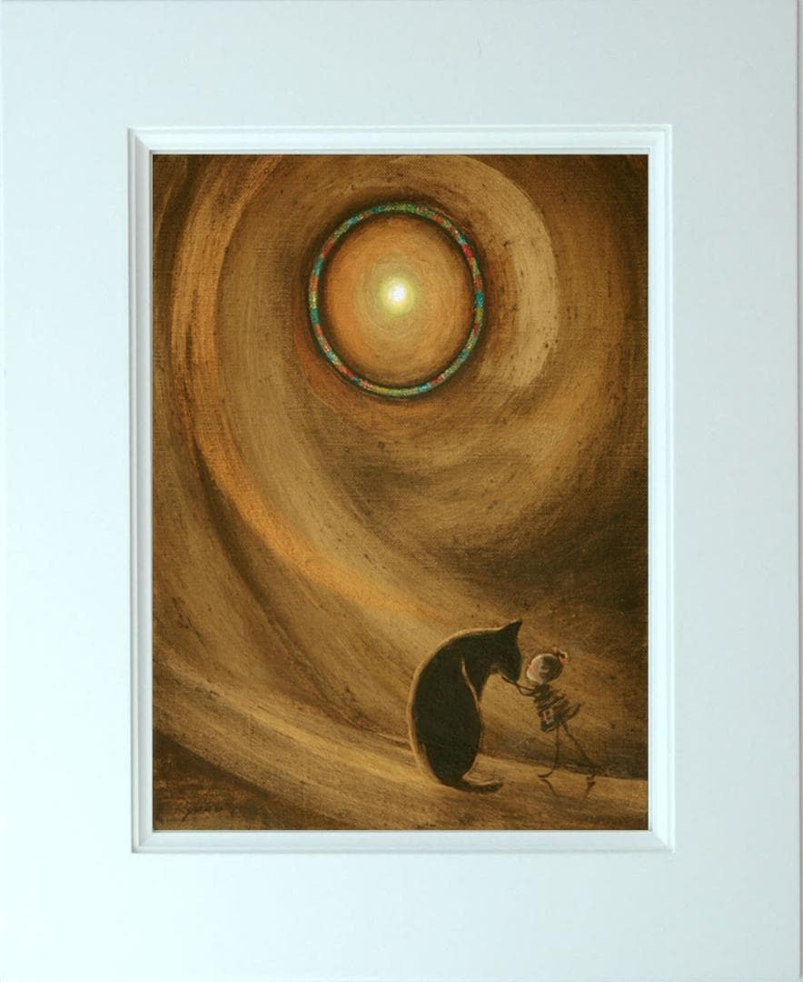 油絵 菅家令子 絵 絵画インテリア額付(黒)F3-072819 祈り子犬猫女の子