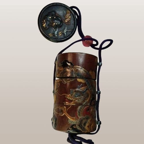 江戸時代 印籠 「雲龍図」 「鶴に松図」高肉彫 金工 鏡蓋 饅頭 根付 付属