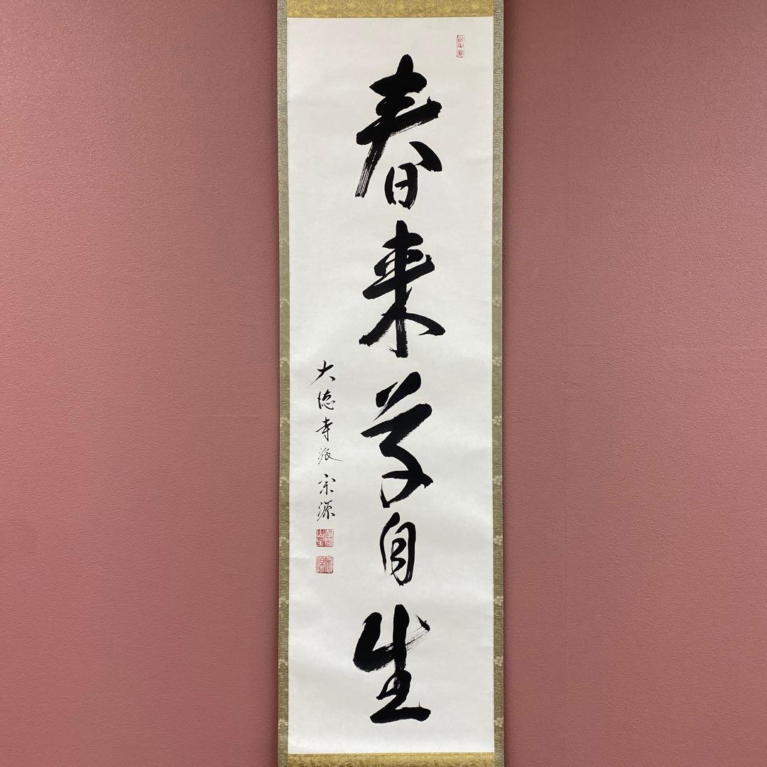 美品 掛け軸 前田宗源作「春来草自生」大徳寺 共箱 禅語 茶掛