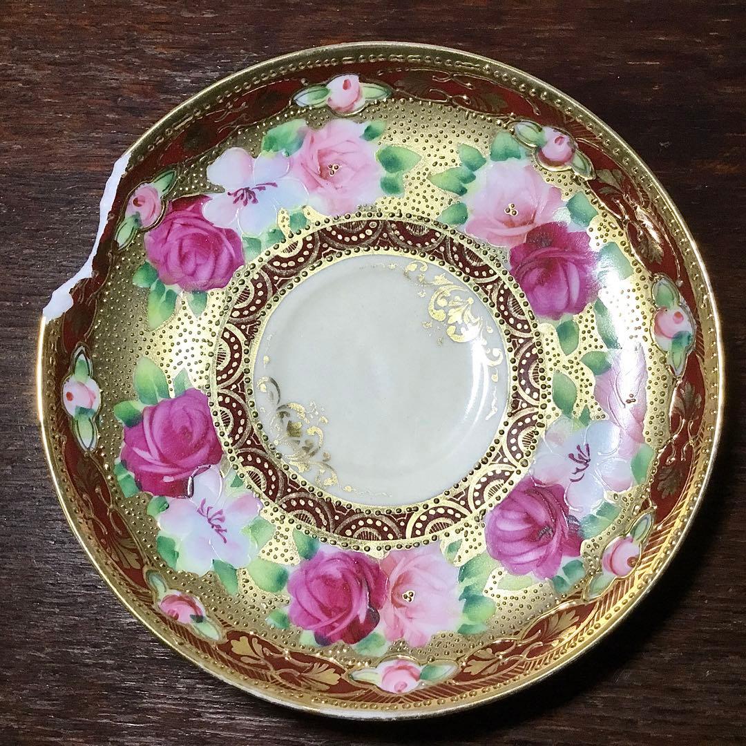 オールド名陶◆ティーカップ ソーサー◆傷あり 金継ぎ用 金彩 薔薇 バラ 戦前