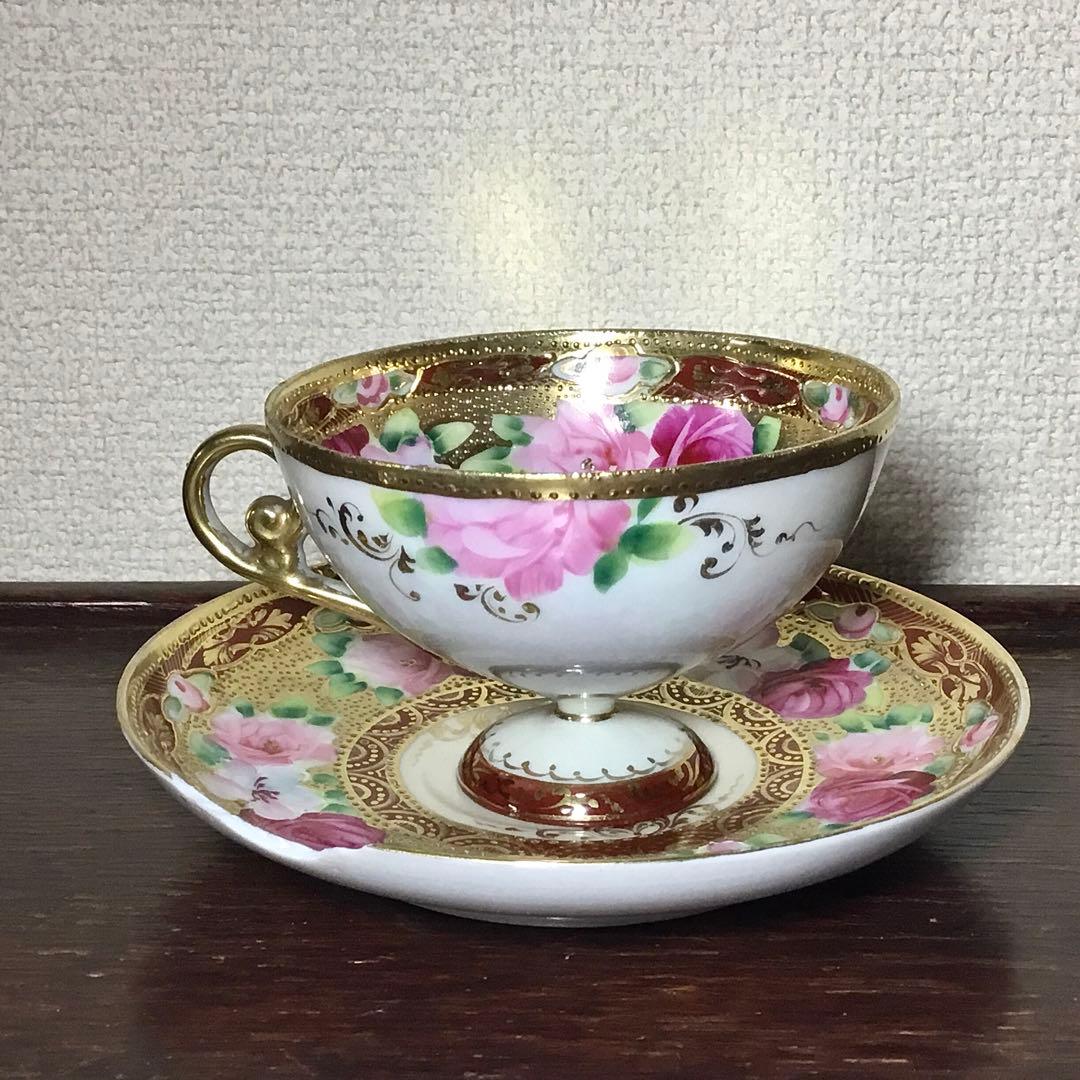 オールド名陶◆ティーカップ ソーサー◆傷あり 金継ぎ用 金彩 薔薇 バラ 戦前