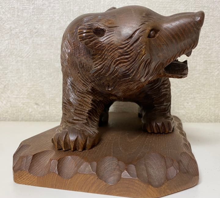 縁起物 天然木 熊木彫置物(台座付)くま クマ 北海道 昭和レトロ