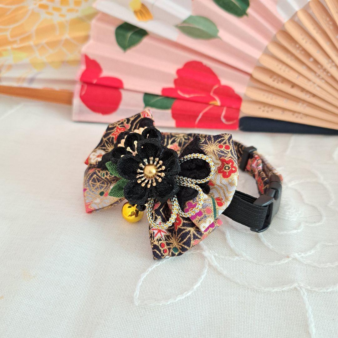 ダブルリボン、和風つまみ細工(黒)わんちゃん猫ちゃん用首輪