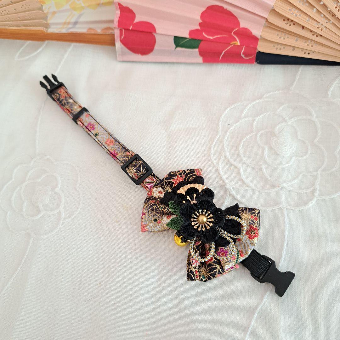 ダブルリボン、和風つまみ細工(黒)わんちゃん猫ちゃん用首輪