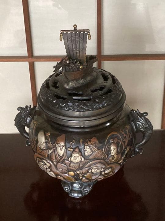 大型七福神銅香炉共箱付 銅器 アンティーク 骨董 高岡 仏具