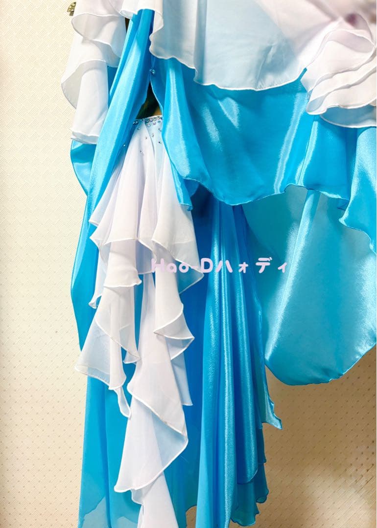 新品★ドレス★スムース★ルンバ★社交ダンス★ドレープ★競技会★デモ★アクアブルー