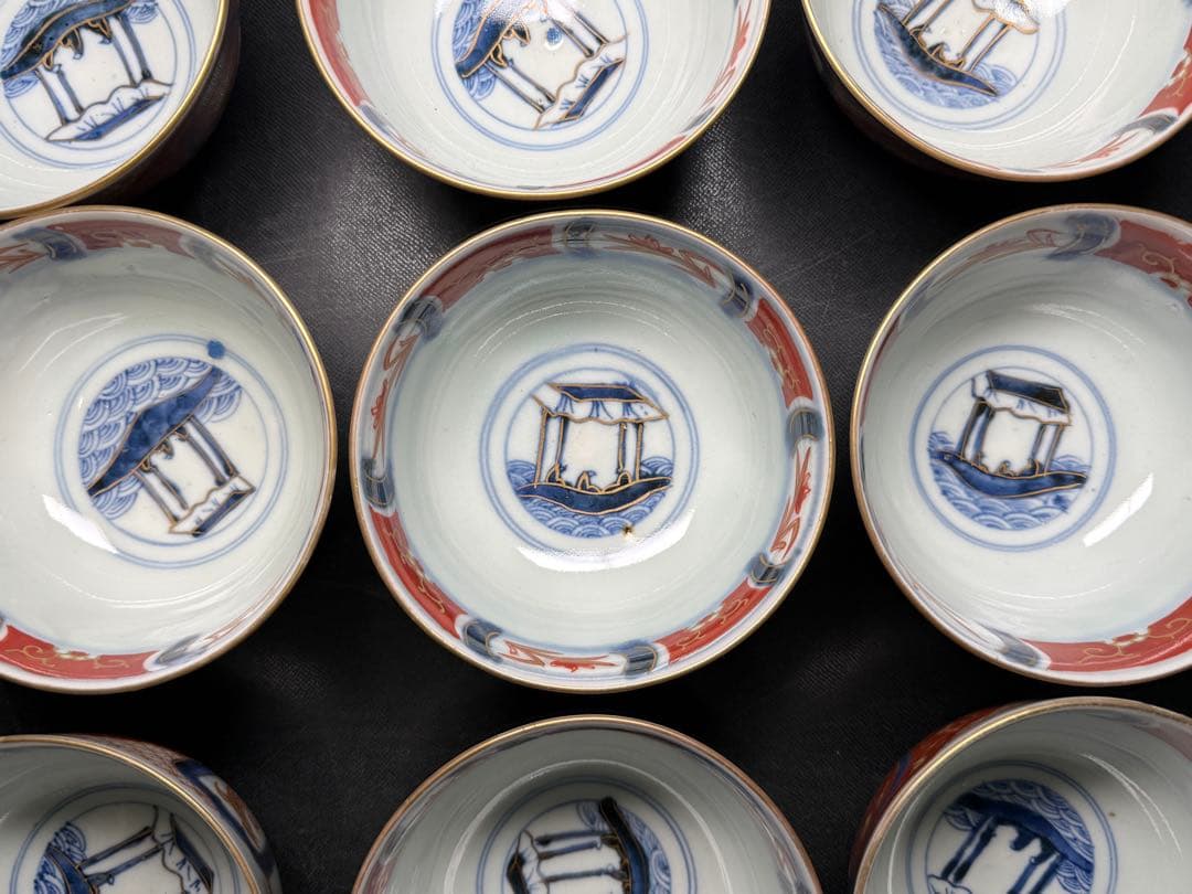 骨董 古伊万里 錦手 花鳥図 蓋茶碗 16客 無傷 明治 江戸 染錦 木箱