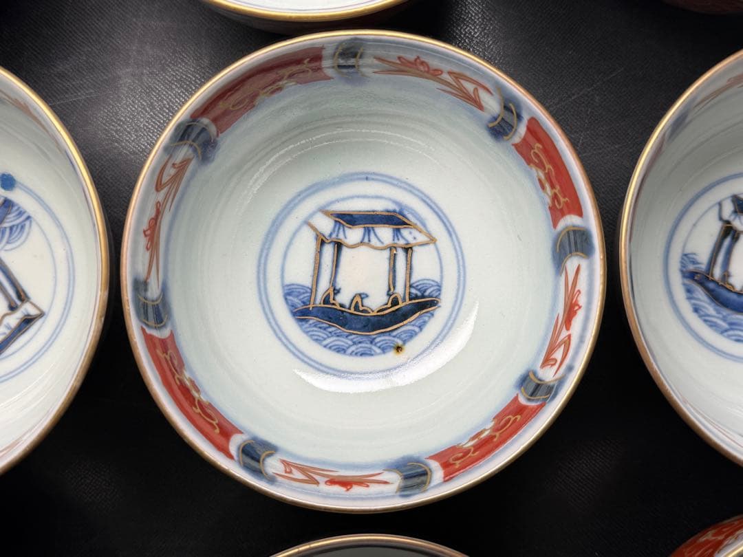 骨董 古伊万里 錦手 花鳥図 蓋茶碗 16客 無傷 明治 江戸 染錦 木箱