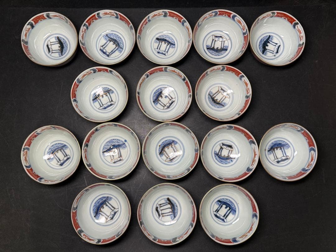 骨董 古伊万里 錦手 花鳥図 蓋茶碗 16客 無傷 明治 江戸 染錦 木箱