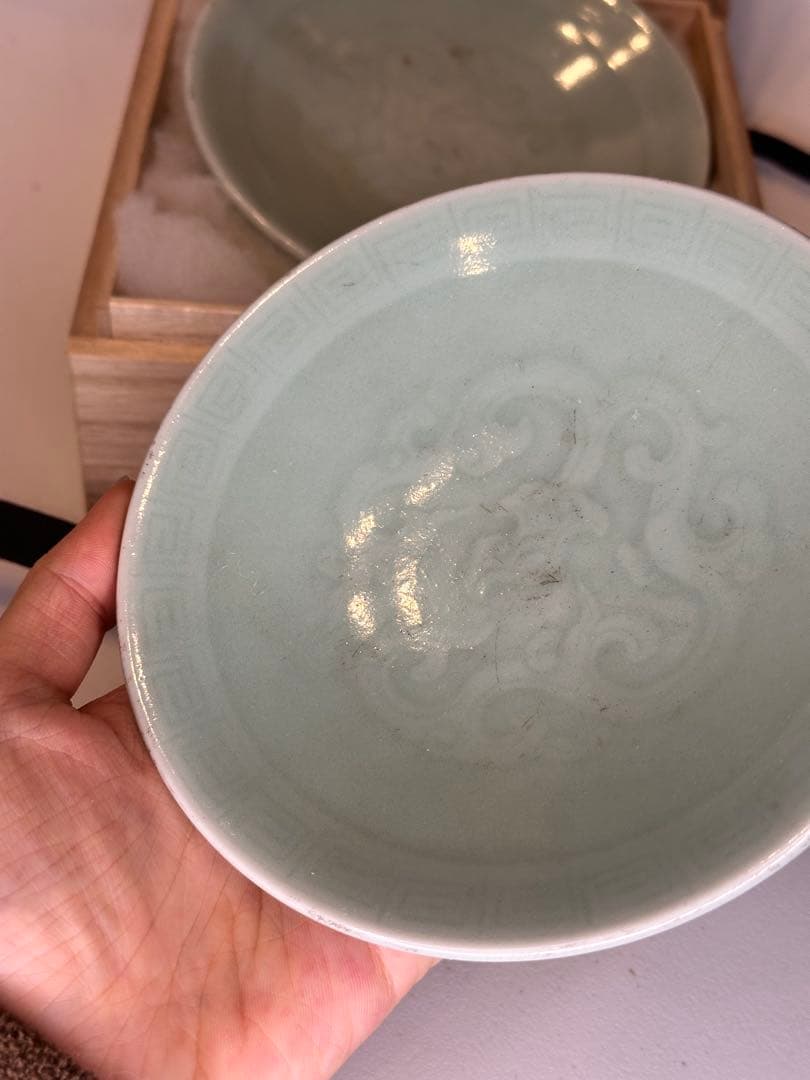 青磁 小皿 二枚 組 後配箱 付 中国陶磁 古美術