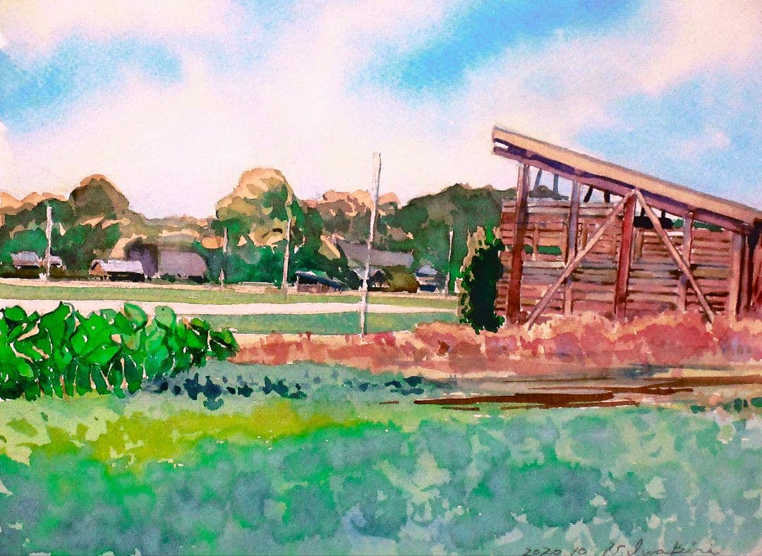 風景の水彩画 (田園風景)額入り