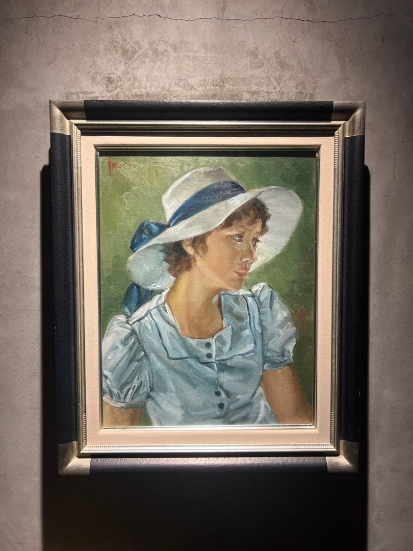 他の人発送×中村英夫【夏の日白い帽子の婦人】肉筆油彩画