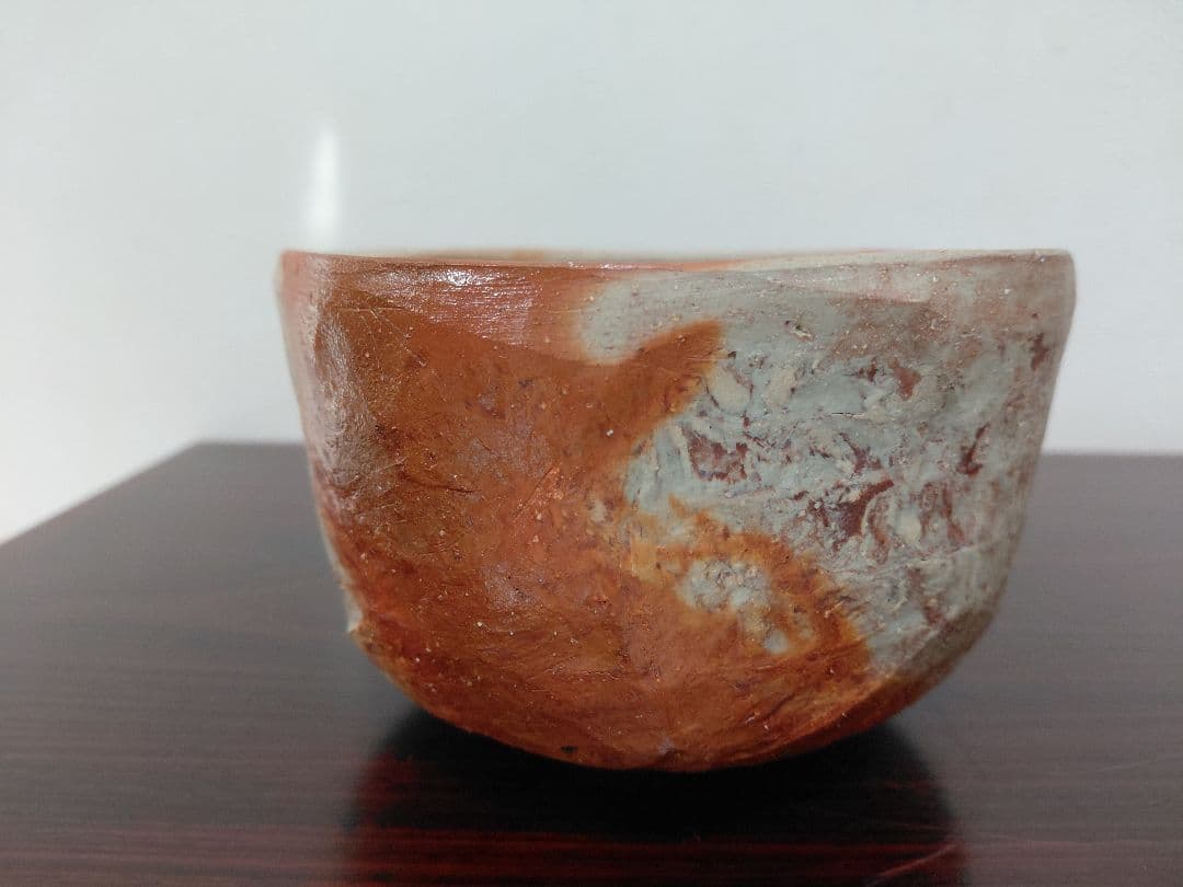 【備前焼】川端文男 備前 自然練込茶碗 共箱 共布 陶歴 茶道具