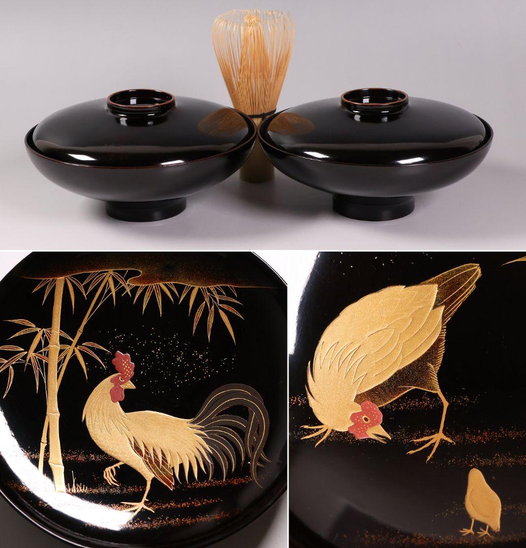 【CM352】時代蒔絵椀 竹に鶏金蒔絵 平椀二客 木製 /(検) 輪島塗加賀能登