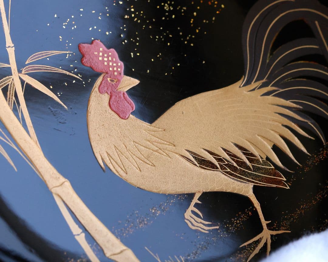 【CM352】時代蒔絵椀 竹に鶏金蒔絵 平椀二客 木製 /(検) 輪島塗加賀能登