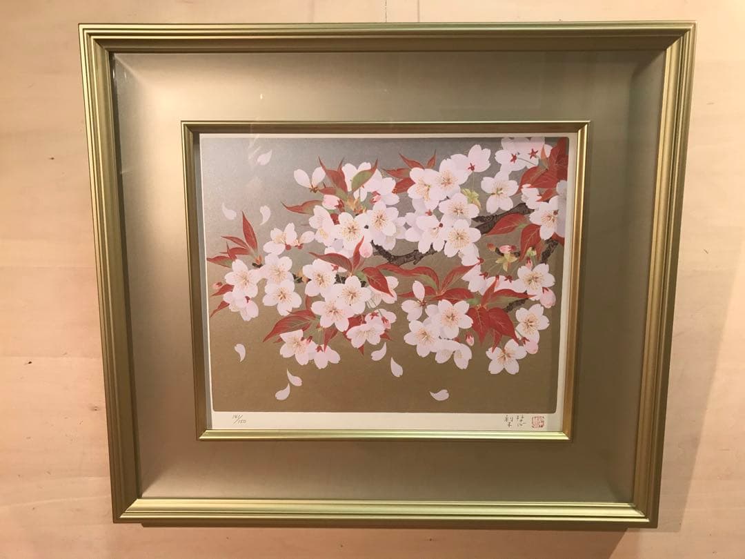 森田りえ子　「桜花」　シルクスクリーン　直筆サイン・落款・作品証明シール有り