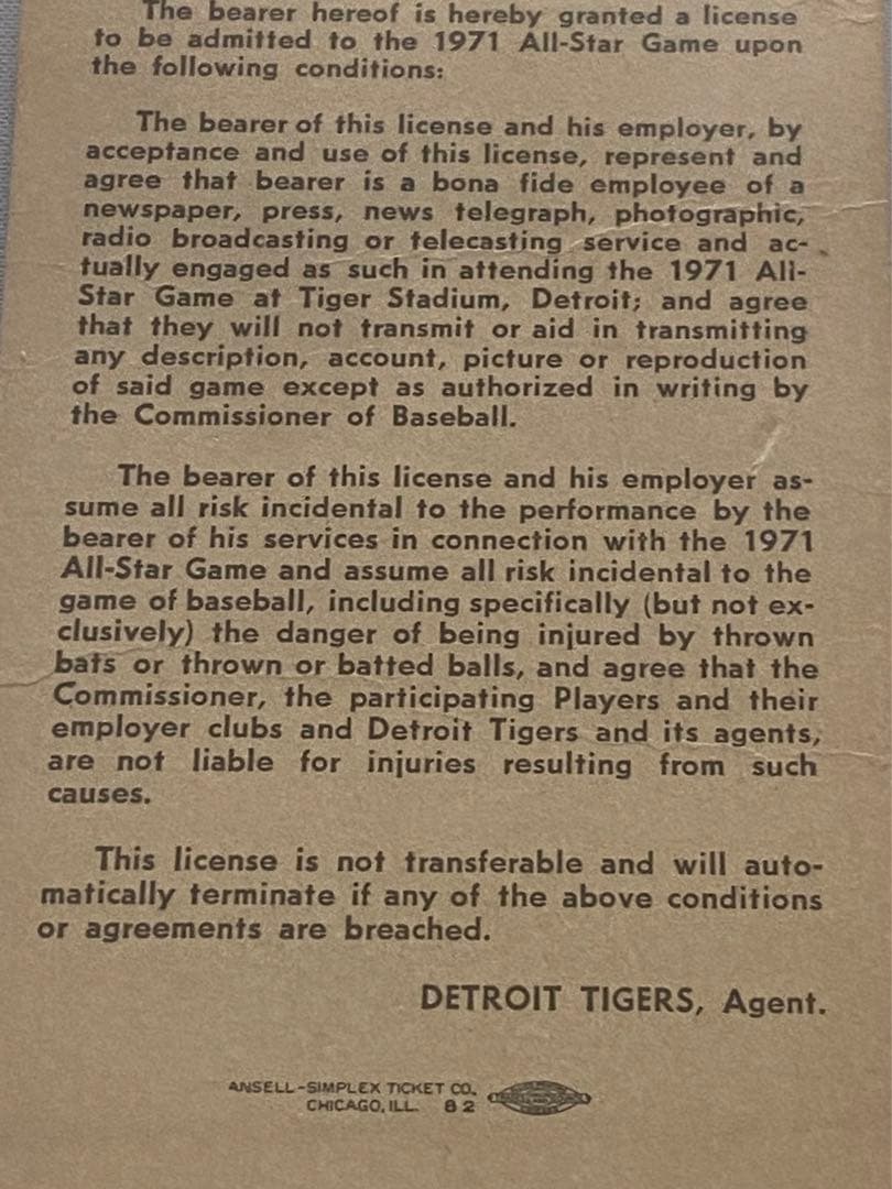 1971年　MLB オールスターゲーム　メディア用パス　レジージャクソン　直筆