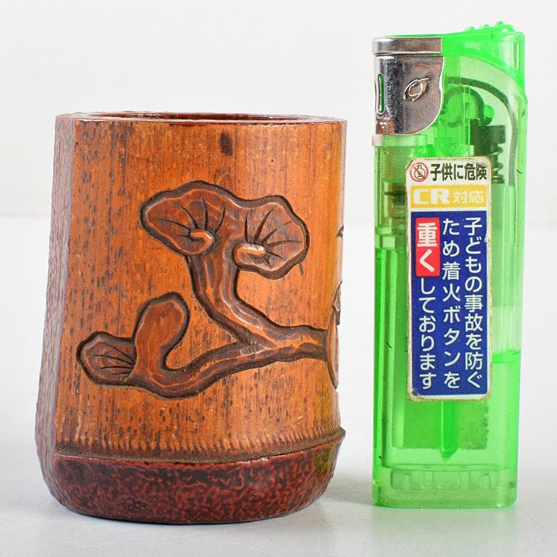 煎茶道具　古竹　霊芝柿刻　蓋置　在銘　V　R5863