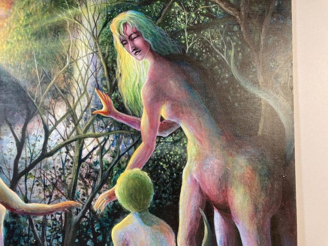 不思議の国 神話的な生物の油彩画 神話的な生物と人間が描かれた多彩な油彩画。