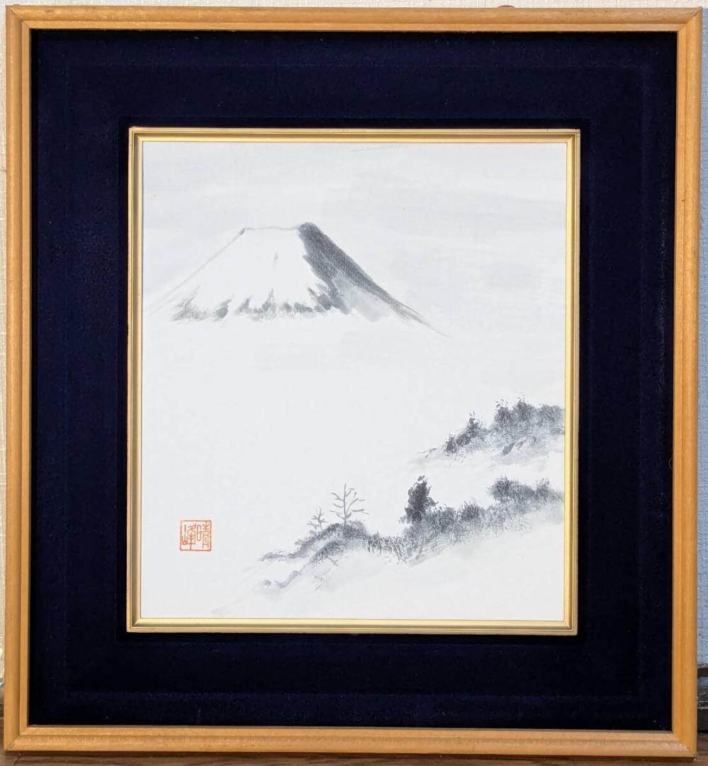 【真作】絵画　水墨画（色紙）　幽玄の富士　静寂と余白の美　気韻生動の一枚　Y4