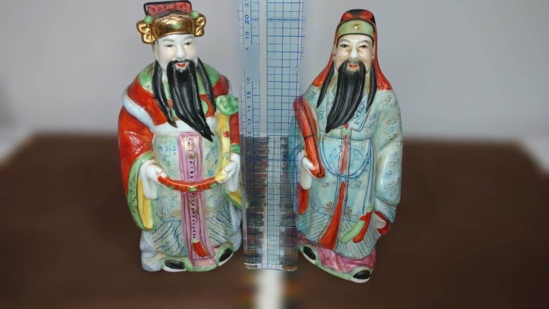 福禄寿の禄星と福星二体、中国陶器像 伝説的な人物