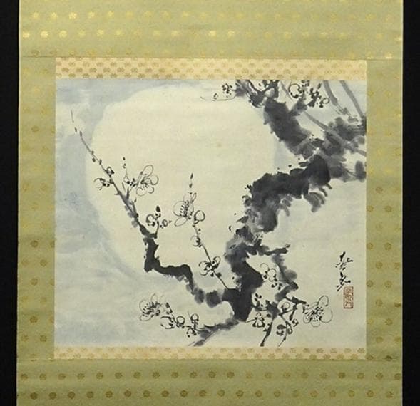 【真作】掛軸 大平華泉『梅月』日本画 紙本 肉筆 共箱付 掛け軸 p02073