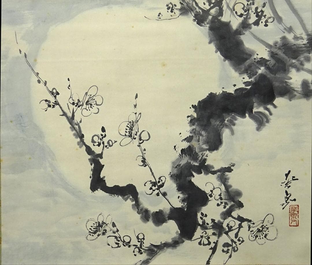 【真作】掛軸 大平華泉『梅月』日本画 紙本 肉筆 共箱付 掛け軸 p02073