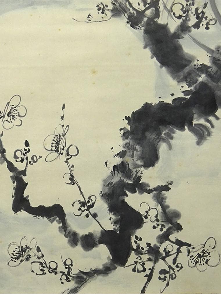 【真作】掛軸 大平華泉『梅月』日本画 紙本 肉筆 共箱付 掛け軸 p02073