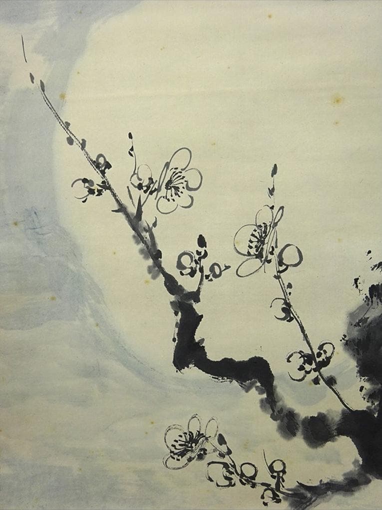 【真作】掛軸 大平華泉『梅月』日本画 紙本 肉筆 共箱付 掛け軸 p02073