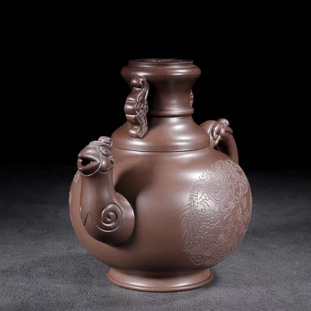 中国古美術・原礦紫泥・陳鳴遠製陶紋・龍鳳吉祥紫砂壺・紫泥急須・茶壺・茶道具・賞物