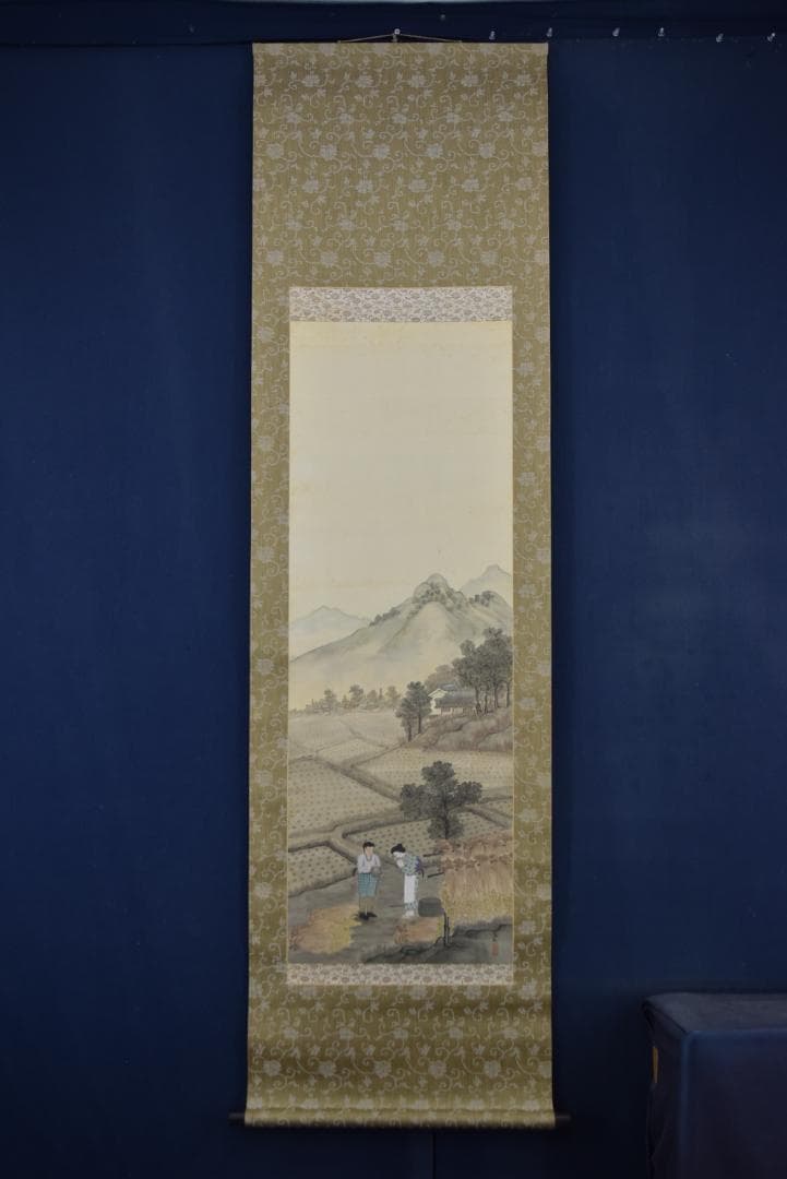 作者不詳/美江？/農村風景図/田家人物図/掛軸☆宝船☆Z-736