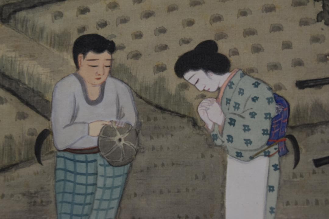 作者不詳/美江？/農村風景図/田家人物図/掛軸☆宝船☆Z-736