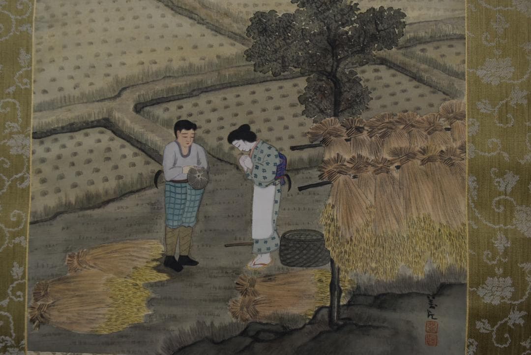 作者不詳/美江？/農村風景図/田家人物図/掛軸☆宝船☆Z-736