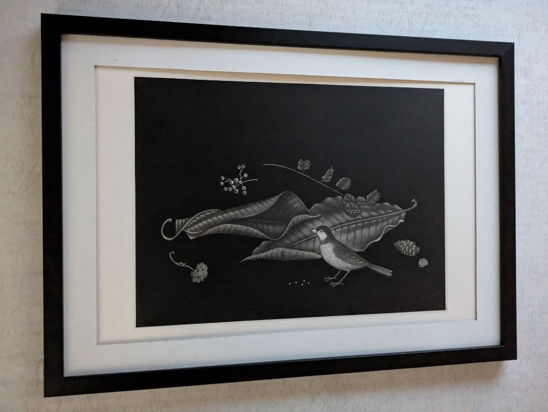 k長谷川潔の500部限定作品 「小鳥と二葉」真作保証