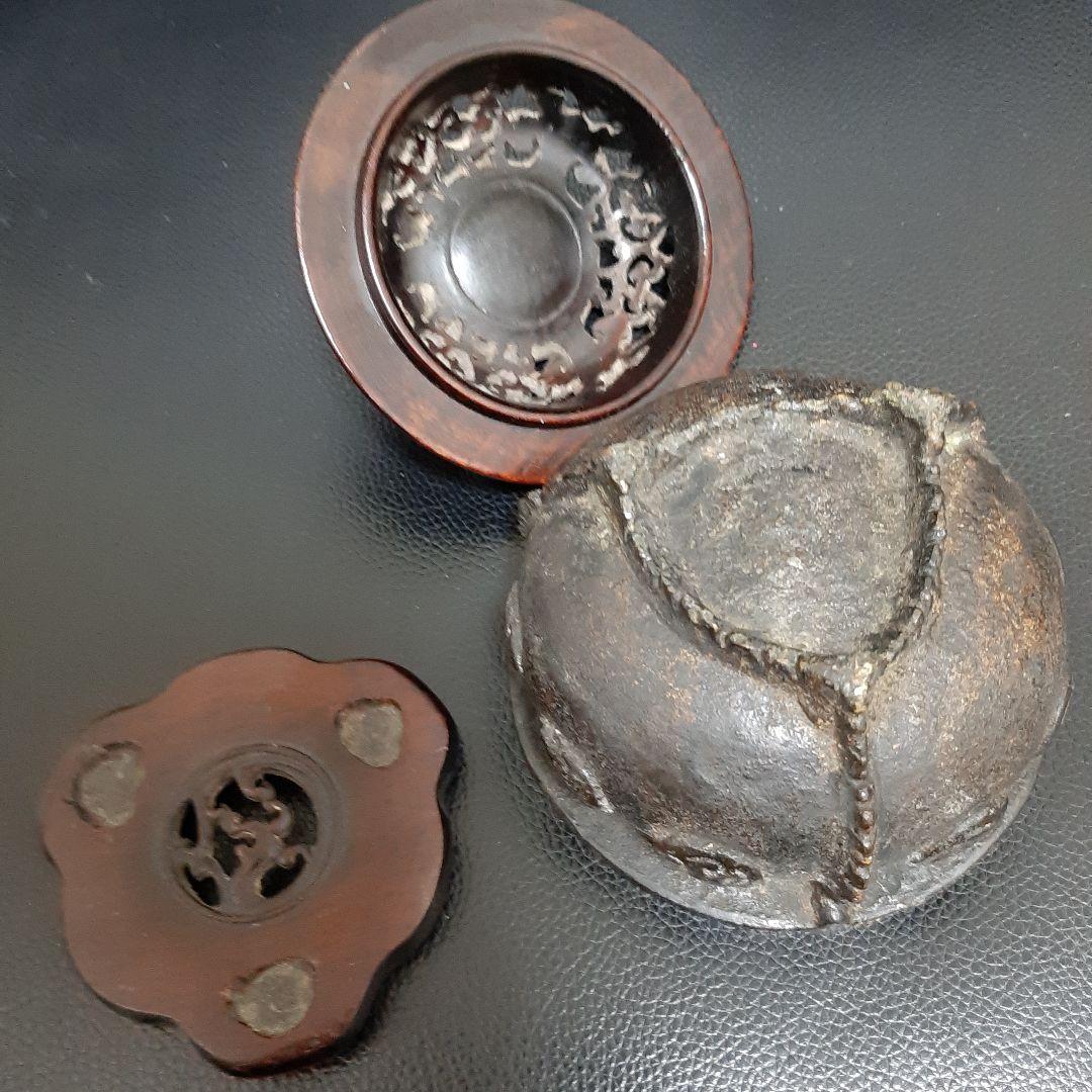 希少　古い銅香炉　香道具　唐木蓋　唐木台座　翡翠摘み　古美術　中国美術