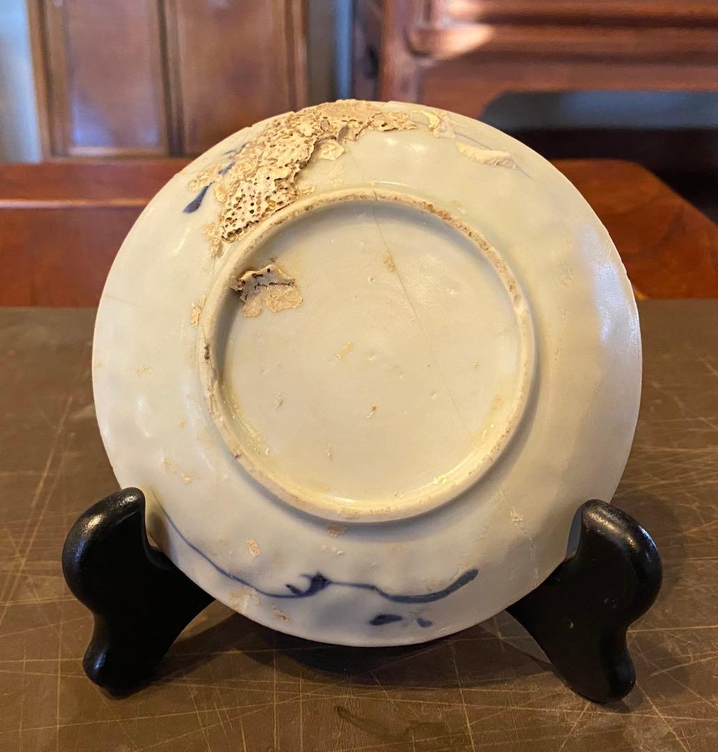 景徳鎮窯染付絵皿　鑑賞台付 ・沈船品　ヴィンテージ　レア ・台湾茶器