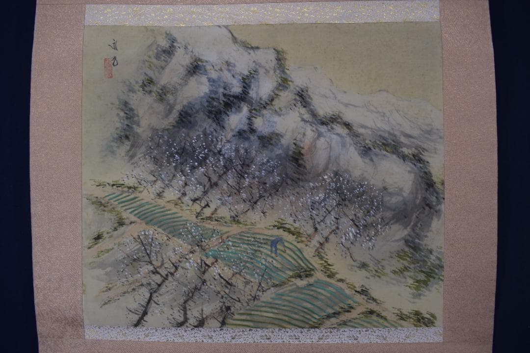 【真作】橘田永芳/梅渓春耕図/梅山農耕/横物/掛軸☆宝船☆Y-723　JM