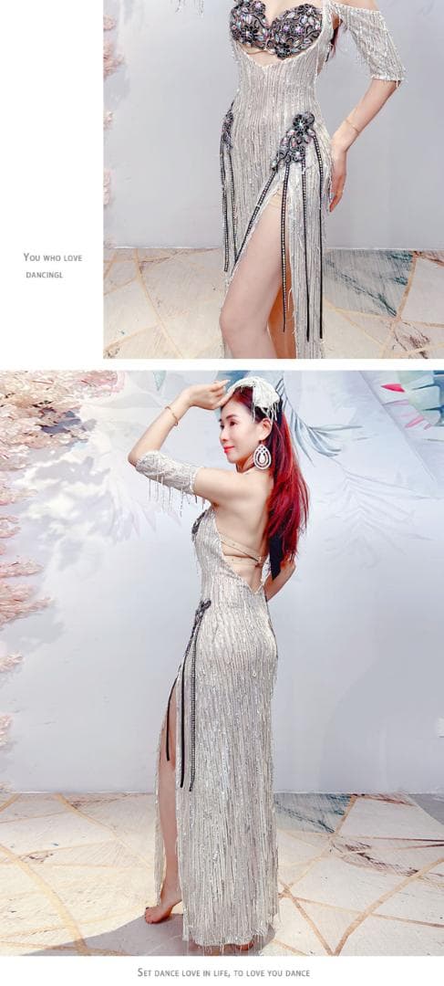 ベリーダンス衣装 スパンコールフリンジ ロングドレスライトブルー