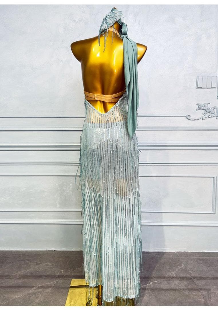 ベリーダンス衣装 スパンコールフリンジ ロングドレスライトブルー