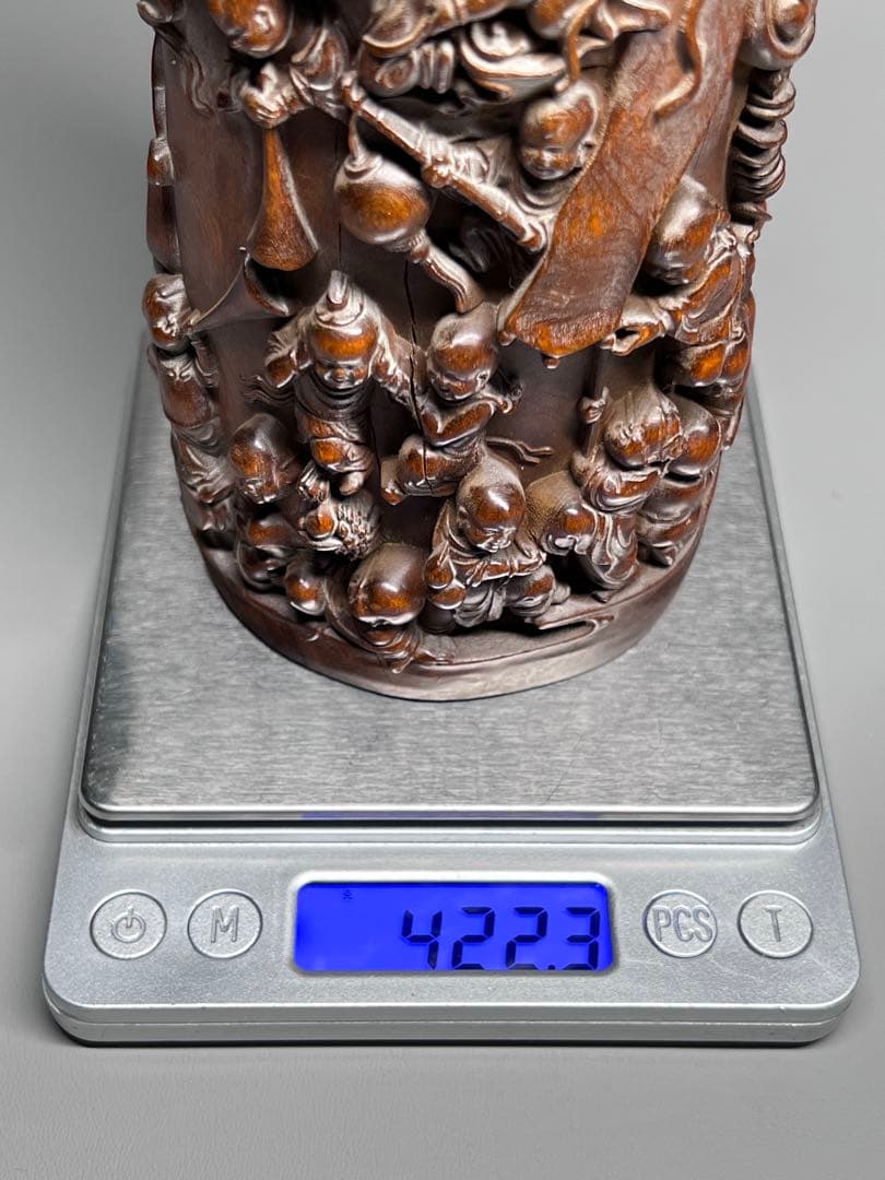 古美術　黄楊木　拓植　筆筒　筆立て　百子図　高浮彫　文房具　木製　置物　希少