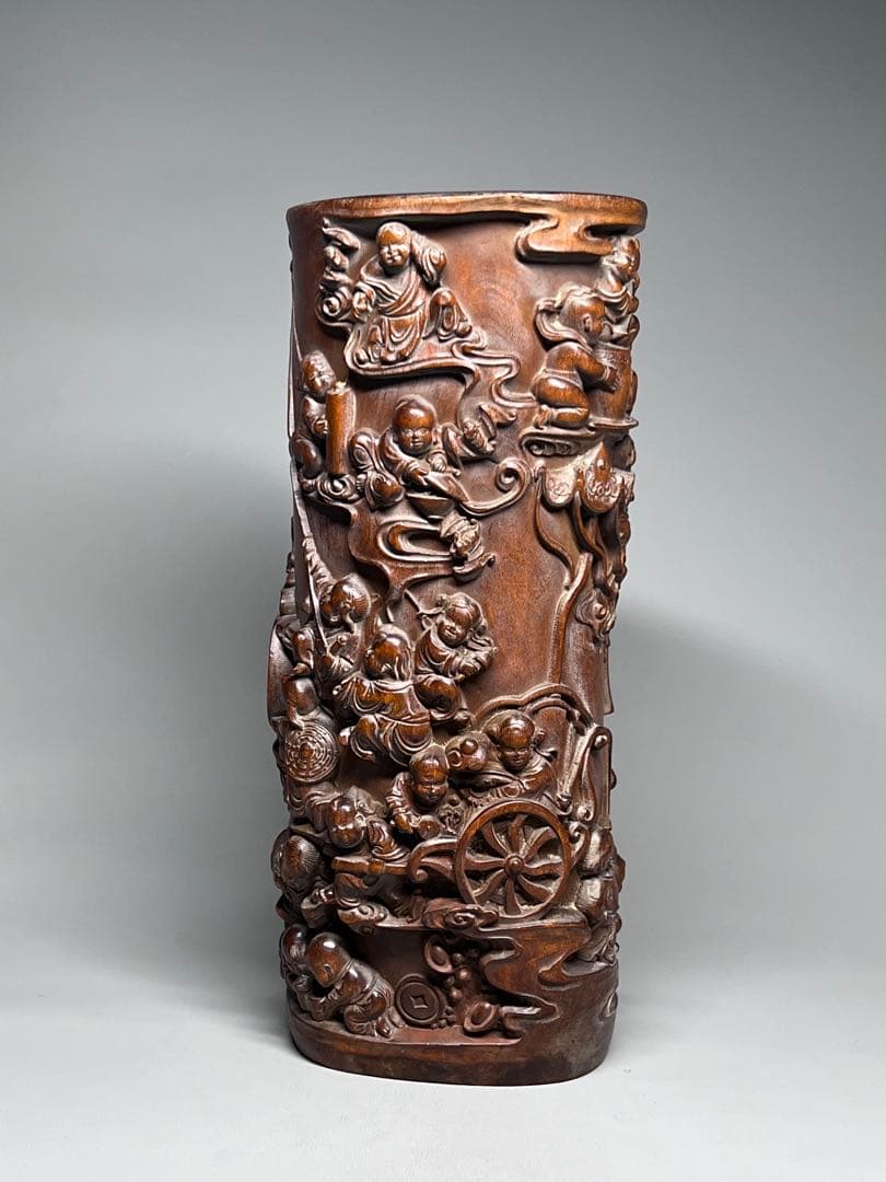 古美術　黄楊木　拓植　筆筒　筆立て　百子図　高浮彫　文房具　木製　置物　希少