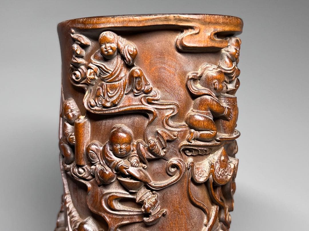 古美術　黄楊木　拓植　筆筒　筆立て　百子図　高浮彫　文房具　木製　置物　希少