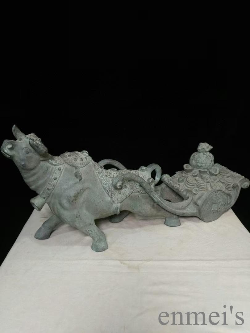 中国古美術 銅製 風水置物 牛拉元宝 開運 招財 五行財神 風水銅器 吉祥置物