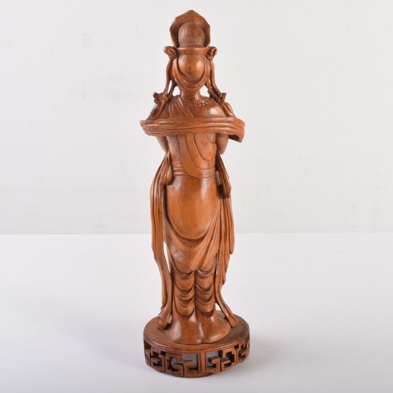 中国　唐木黄楊木製　玉石装飾　観音菩薩像　仏像　高さ約40cm　N　7208