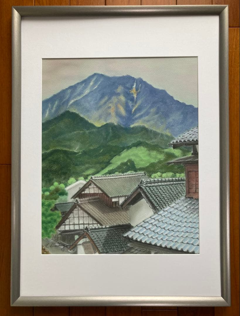 妻籠の宿　銀鼠の甍と恵那山　 パステル画